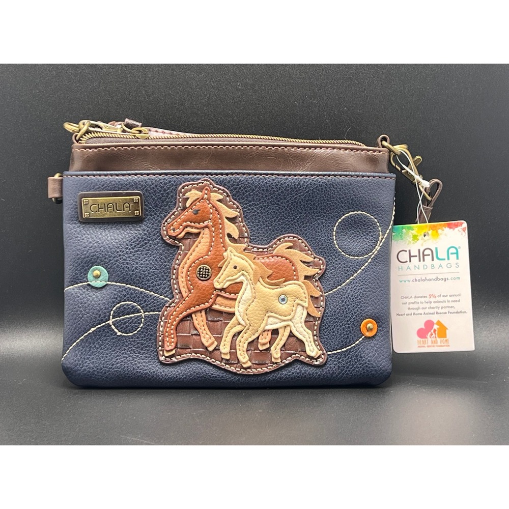 Chala Handbags Navy Blue Vegan Leather Horse Pony Applique Crossbody Bag NWT